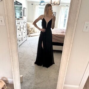 Betsy Adam black floor length dress with corset tie back